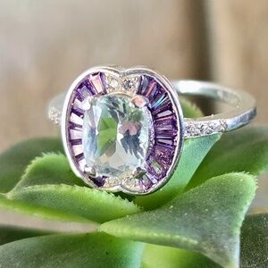 Genuine Aquamarine and Purple CZ Fashion Ring - US Size 7, Sterling Silver